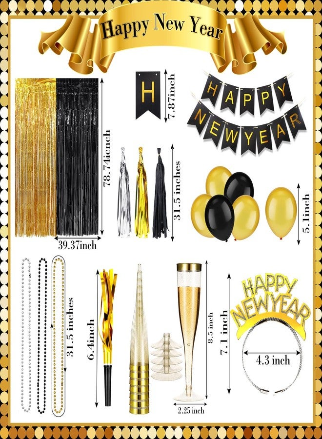 Silipull 188 Pcs 2026 New Years Eve Party Supplies with 36 Happy New Year Headband 36 Fringed Noise Makers 36 Champagne Flutes 36 Necklaces 36 Balloon 1 Banner 4 Fringe Curtains 3 Tassel Garlands - Image 2